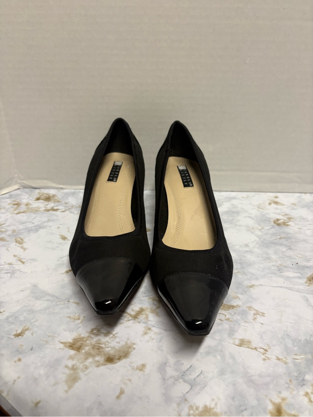 Carole Little Black Pointed Patent Cap-Toe Low Heel Pumps